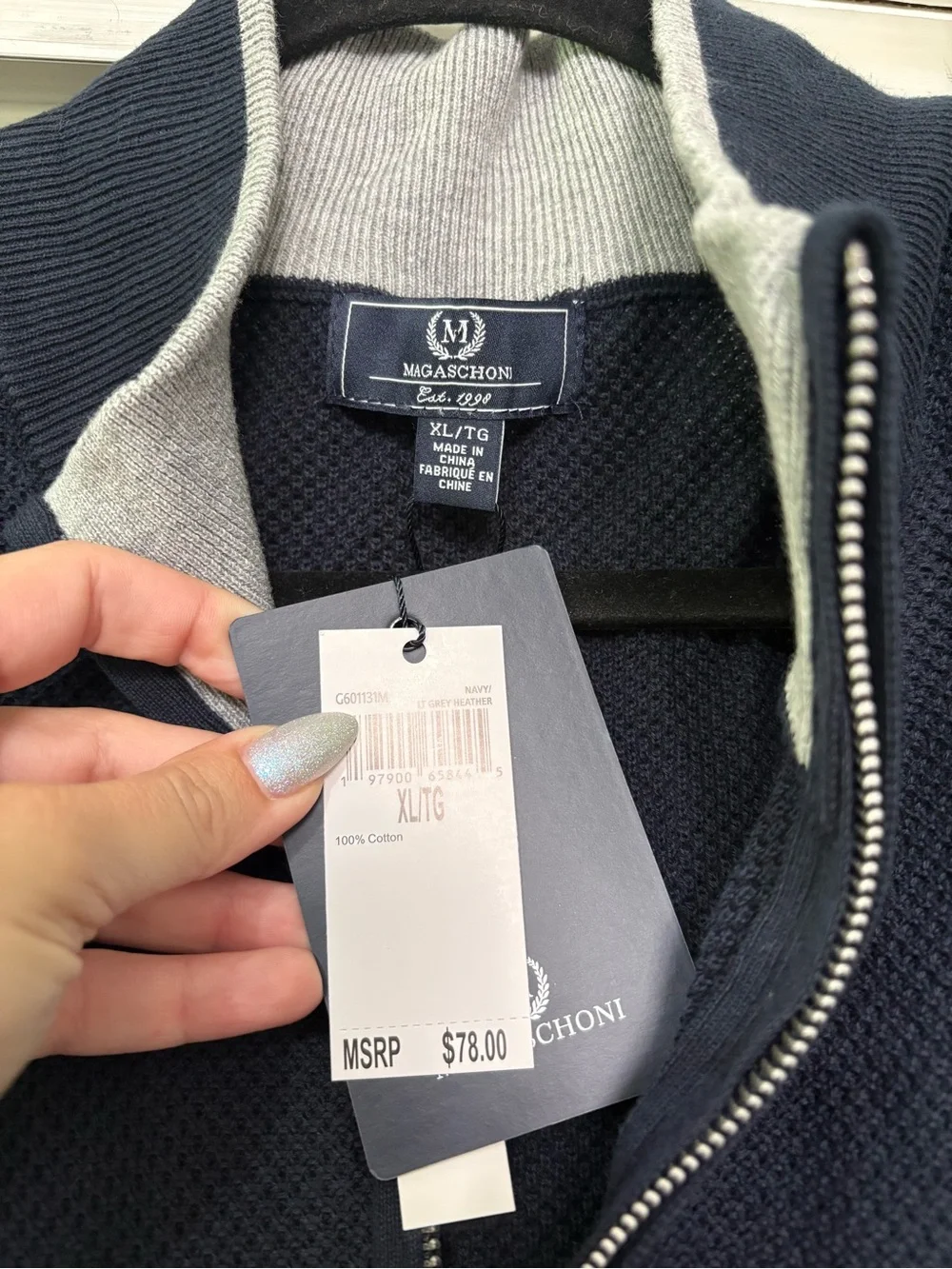 NWT Magaschoni size XL Men’s 100% Cotton Navy & Gray Quarter-Zip Knit Sweater